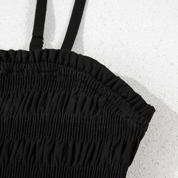 B249 Black Spaghetti Straps Shirred Bodice Pocketed Wide Leg Jumpsuit - Picture 10 of 16